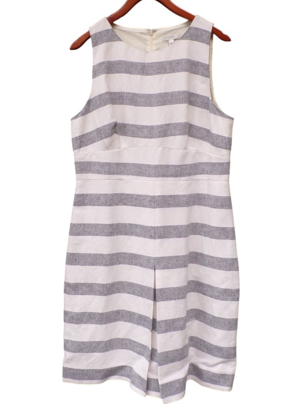 J. Crew Linen Blend Women's Sleeveless Dress Size 14 Blue White Zip Back Lined